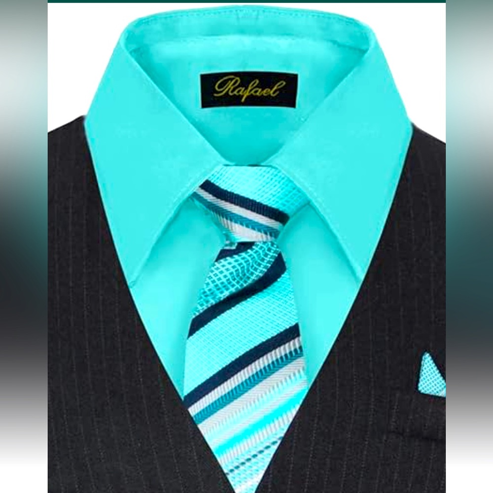 NWT: RAFAEL BOYS SHORT SLEEVE DRESS SHIRT & TIE - SIZE 14 - COLOR- HAWAIIAN BLUE